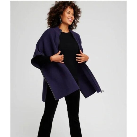 Chicos Purple Ruana Poncho Cape Sweater Zip Front Faux Leather Accent Trim S/M - Picture 3 of 12